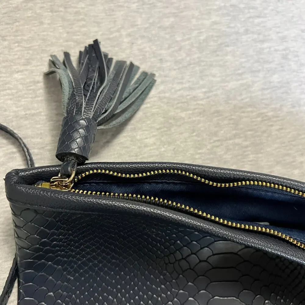 Gigi New York Clutch Crossbody Bag Navy Embossed Python Leather Gold Logo Tassel